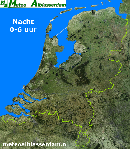 Weerkaart met weersverwachting voor Nederland komende nacht